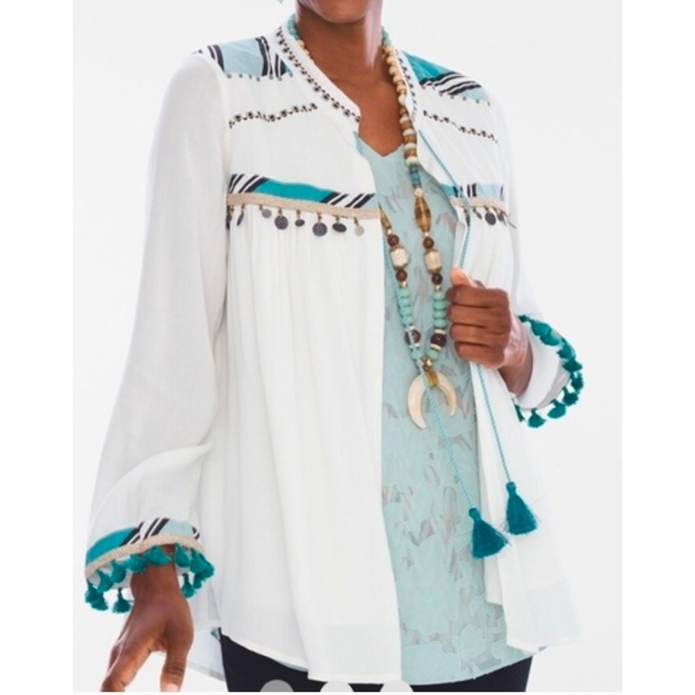 Chicos White Boho Tassel Coin Embellished Top Teal Embroidery Size 2 Large 12/14